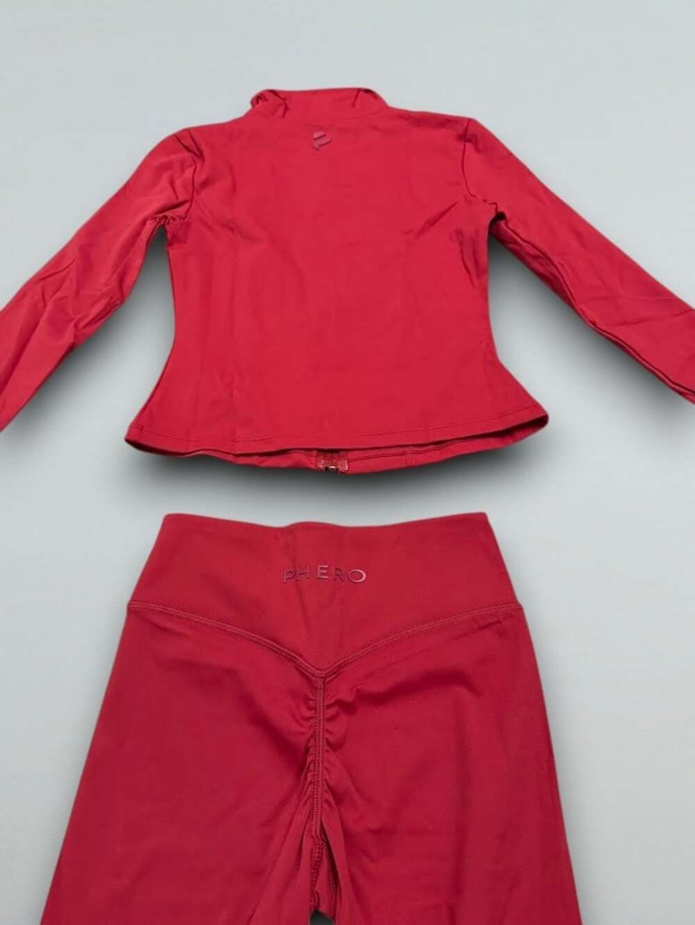 Red Matching 2 Piece Athleisure Set Zip Jacket Scrunch Leggings
